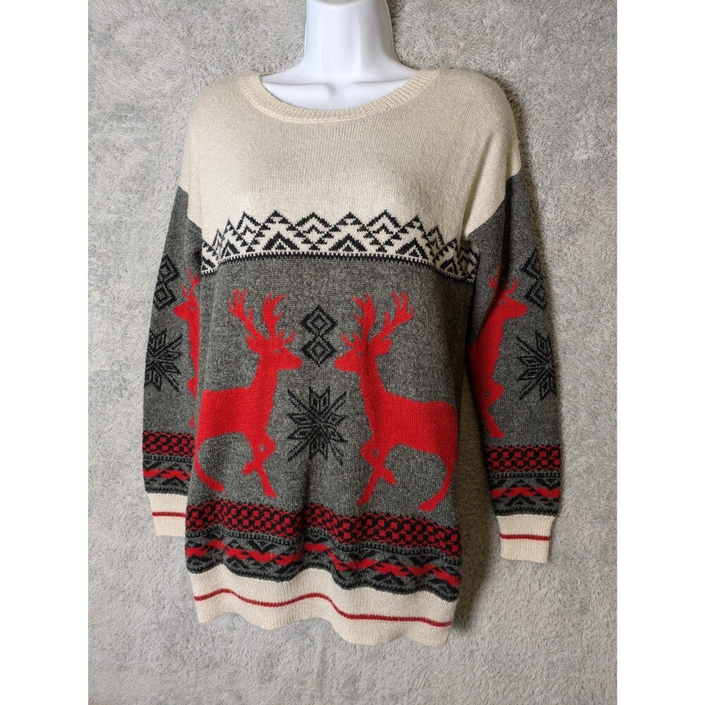 Fair Isle Reindeer Longline Christmas Sweater Size Small Nordic Winter Cozy